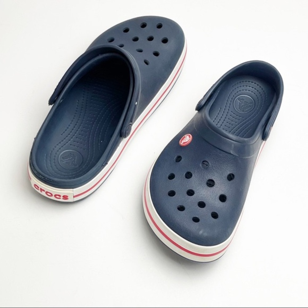 Retro looking Blue Crocs with fun red/white stripe